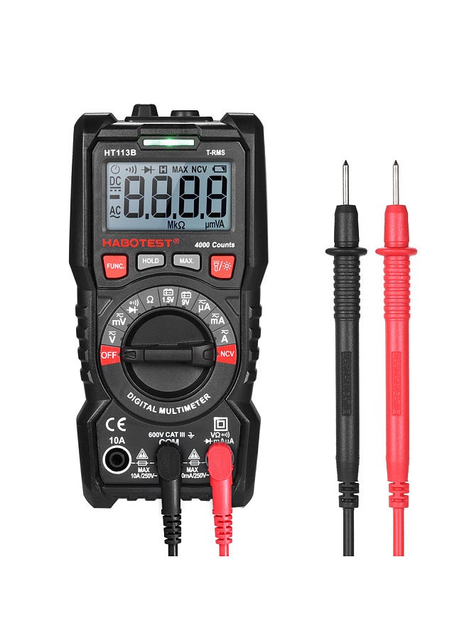 Digital Multimeter Auto Range True RMS 4000 Counts Non Contact Multi Meter Voltmeter Ammeter Ohmmeter Measuring AC/DC Voltage Current Resistance Continuity Test Diode NCV Tester Maximum Measurement with Backlight LCD and Flashlight