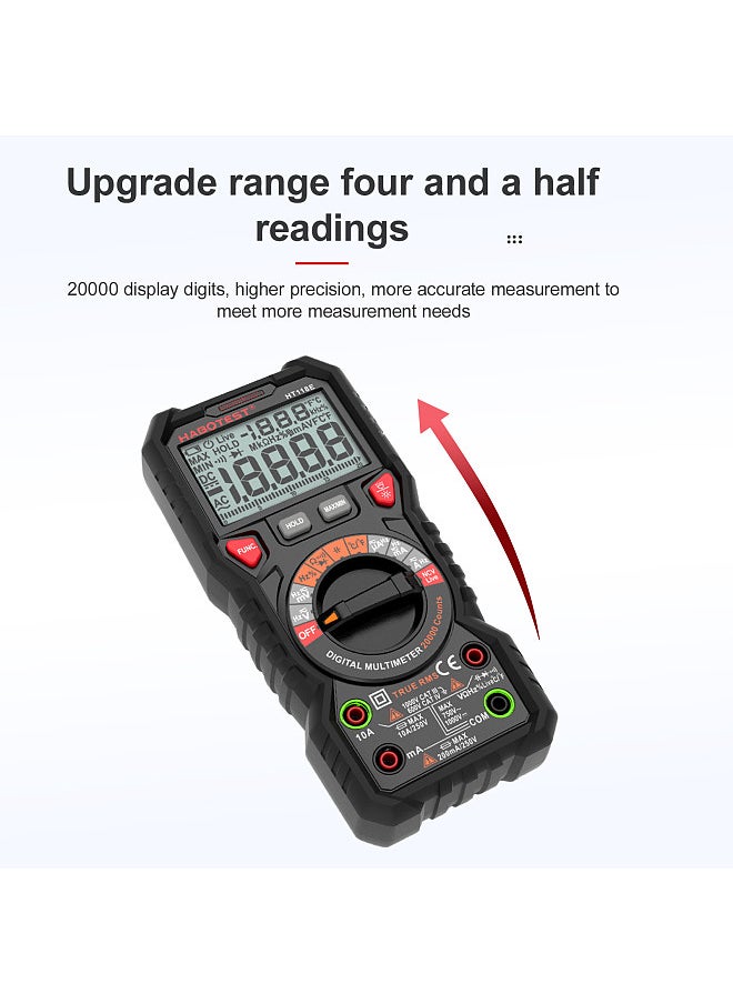 HT118E Digital Multimeter Auto Range Multi-meter 20,000 Counts True RMS Measuring AC/DC Voltage & Current Resistance Capacitance Frequency Temperature Continuity Duty MAX/MIN Mesaurement Live & NCV Test Diode with LCD Backlight Flashlight