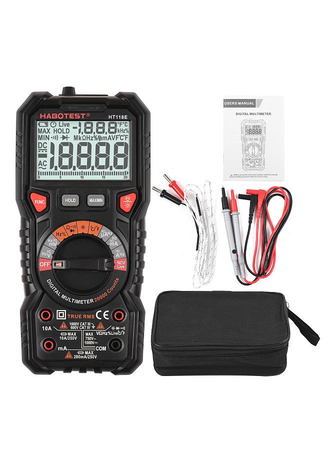 HT118E Digital Multimeter Auto Range Multi-meter 20,000 Counts True RMS Measuring AC/DC Voltage & Current Resistance Capacitance Frequency Temperature Continuity Duty MAX/MIN Mesaurement Live & NCV Test Diode with LCD Backlight Flashlight