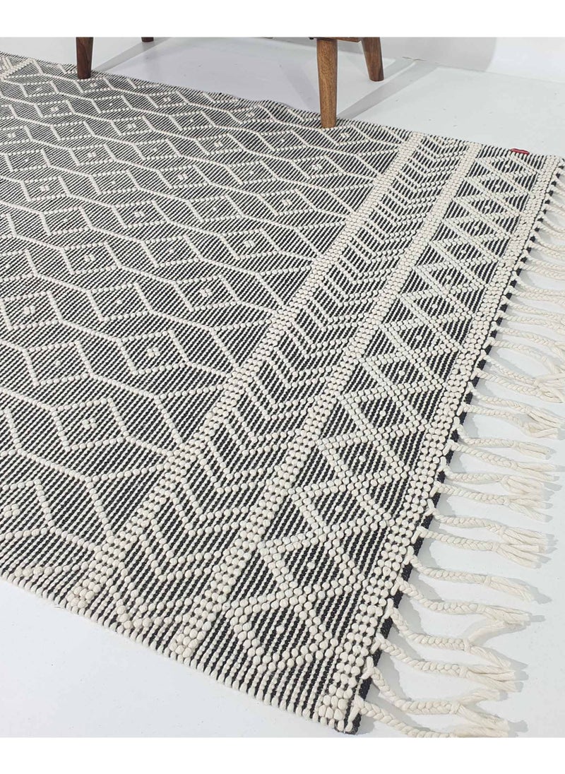 Area rug for bedroom NZ wool and cotton Handmade woven rug carpet for living room carpet Woven rug with fringes grey and white color rug srn-018