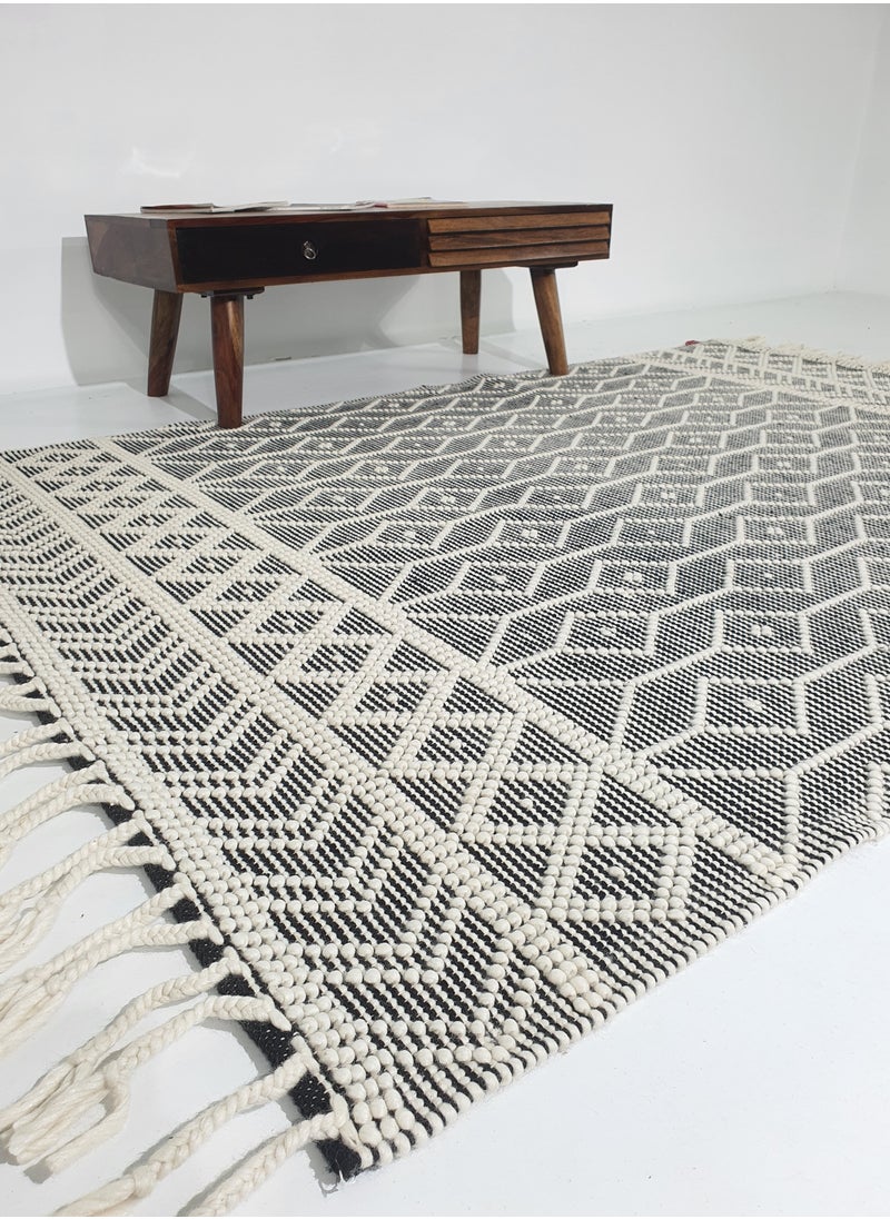 Area rug for bedroom NZ wool and cotton Handmade woven rug carpet for living room carpet Woven rug with fringes grey and white color rug srn-018