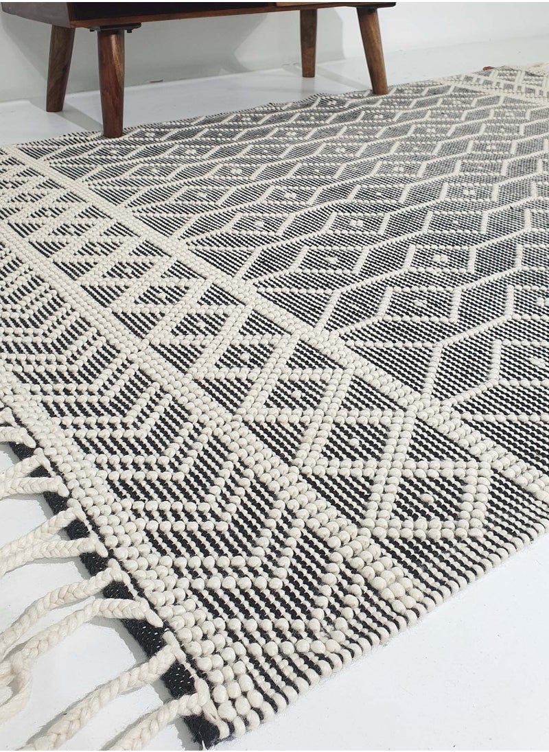 Area rug for bedroom NZ wool and cotton Handmade woven rug carpet for living room carpet Woven rug with fringes grey and white color rug srn-018