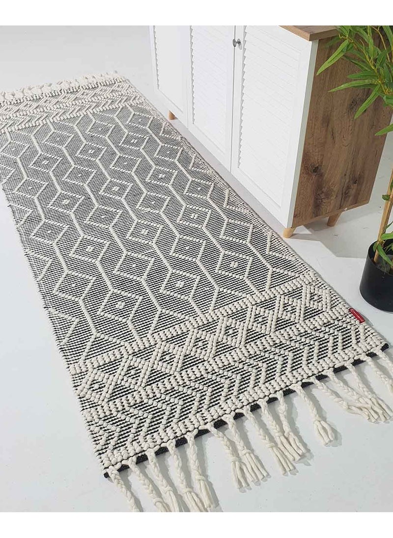 Area rug for bedroom NZ wool and cotton Handmade woven rug carpet for living room carpet Woven rug with fringes grey and white color rug srn-018