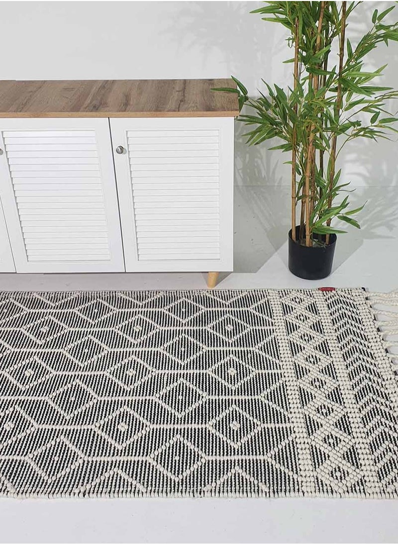 Area rug for bedroom NZ wool and cotton Handmade woven rug carpet for living room carpet Woven rug with fringes grey and white color rug srn-018