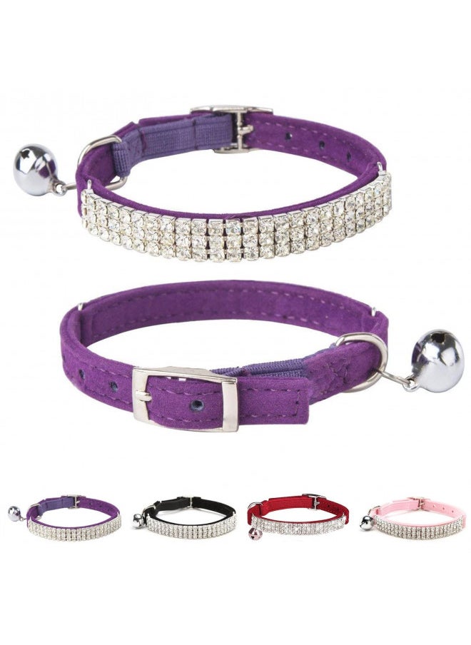 BINGPET Diamond Cat Collar,Adjustable Soft Velvet Leather Safe Kitten Collar with Shiny Rhinestones and Bells,Girl Boy Breakaway Bling Stylish Cat Collars for Small Medium CatsPurple