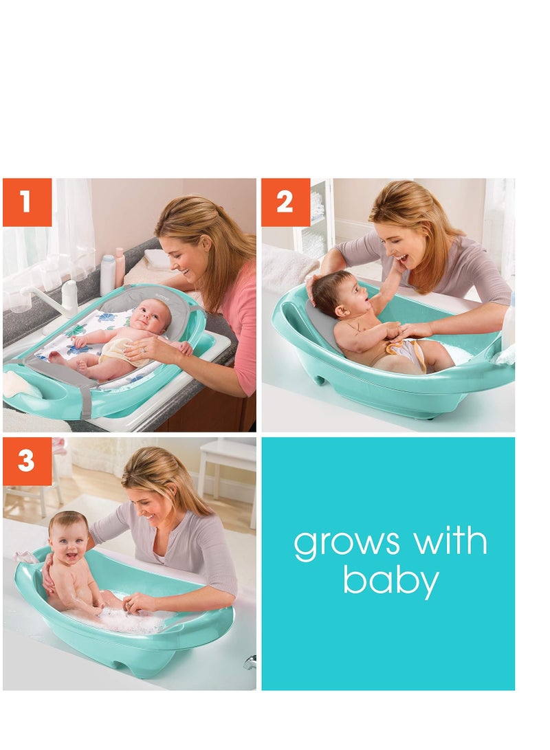 Splish 'n Splash Newborn to Toddler Tub (Aqua) - 3-Stage Tub for Newborns, Infants, and Toddlers - Includes Fabric Newborn Sling, Cushioned Support, Parent Assist Tray, and a Drain Plug