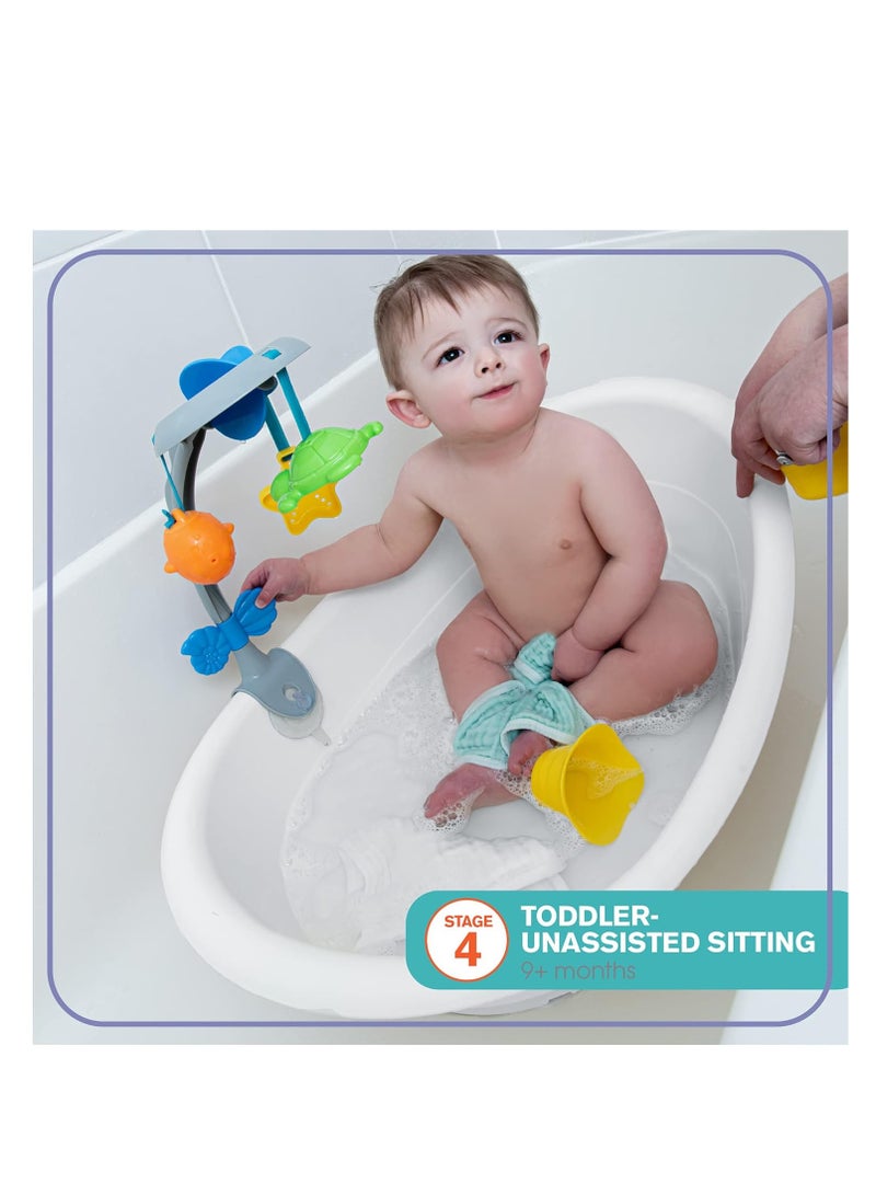 Gentle Support Multi-Stage Tub with Toys - for Ages 0-24 Months - Includes Soft Support, Toy bar and Bath Toys, A Hook for Storage and Dying, and A Drain Plug, White/Blue, One Size