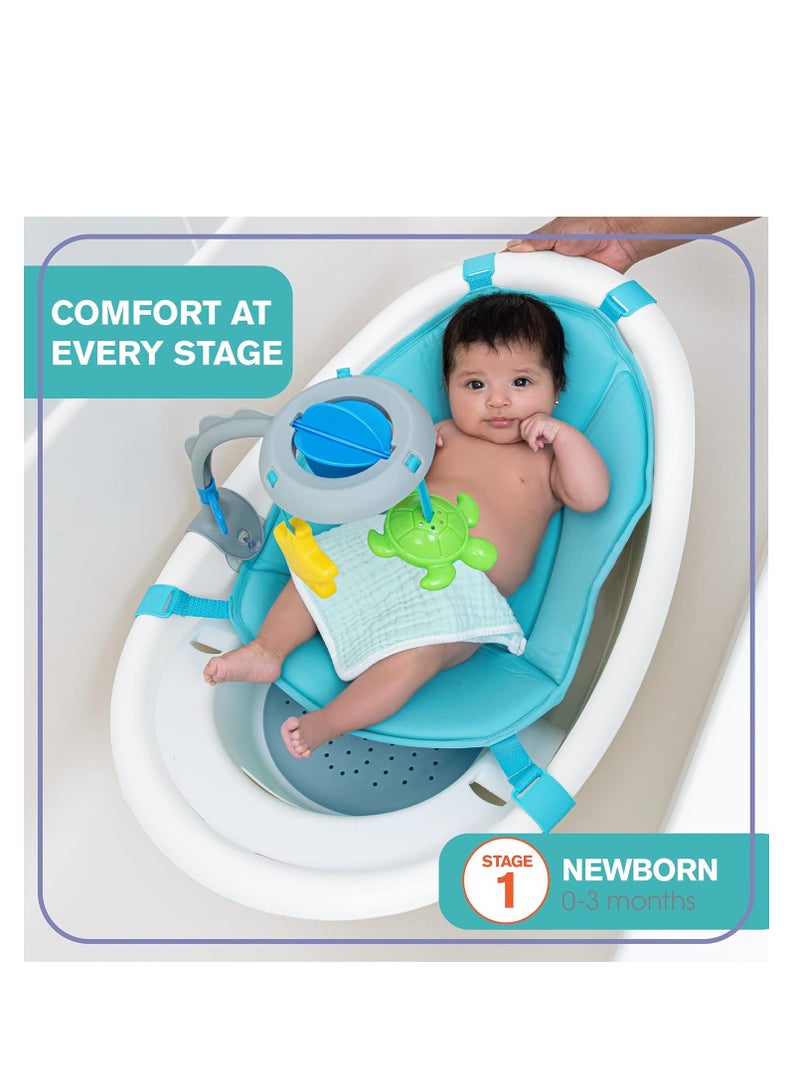 Gentle Support Multi-Stage Tub with Toys - for Ages 0-24 Months - Includes Soft Support, Toy bar and Bath Toys, A Hook for Storage and Dying, and A Drain Plug, White/Blue, One Size