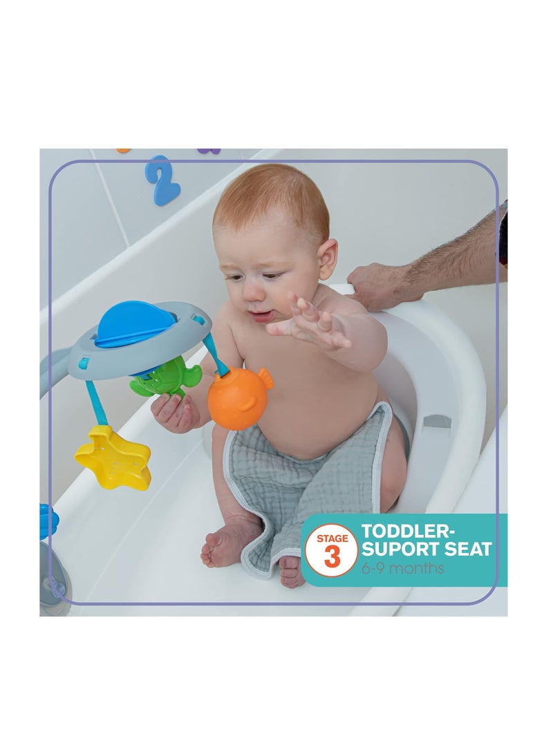 Gentle Support Multi-Stage Tub with Toys - for Ages 0-24 Months - Includes Soft Support, Toy bar and Bath Toys, A Hook for Storage and Dying, and A Drain Plug, White/Blue, One Size