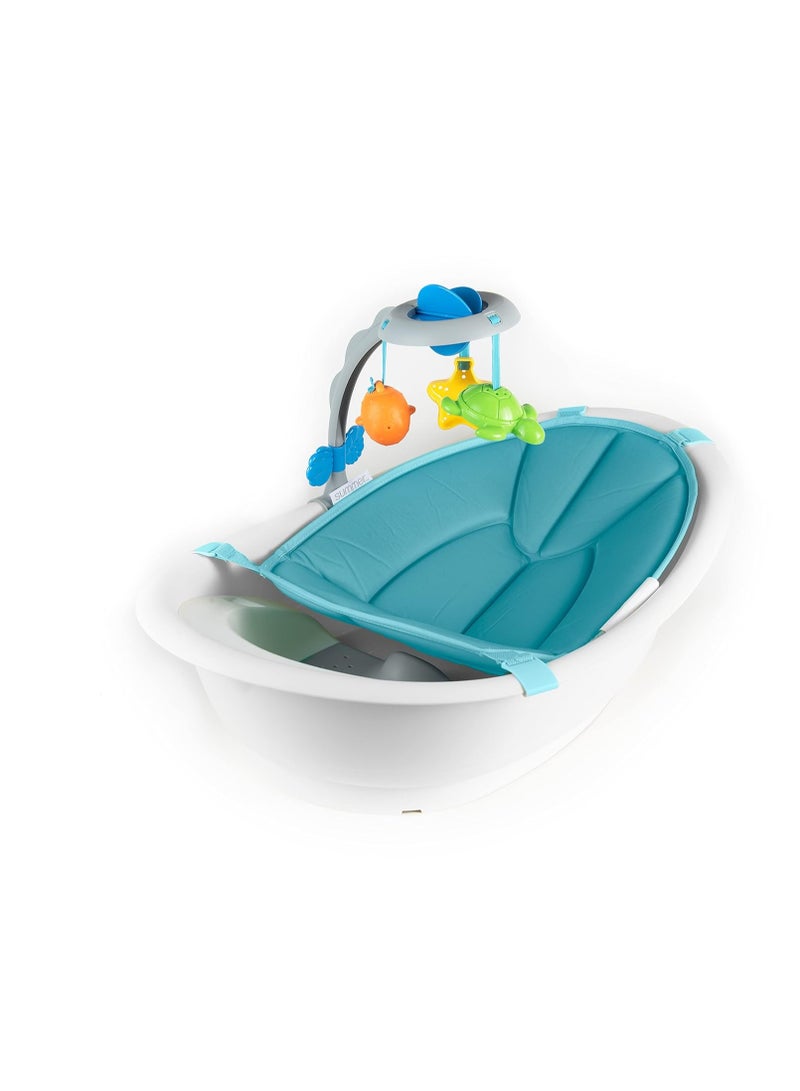 Gentle Support Multi-Stage Tub with Toys - for Ages 0-24 Months - Includes Soft Support, Toy bar and Bath Toys, A Hook for Storage and Dying, and A Drain Plug, White/Blue, One Size