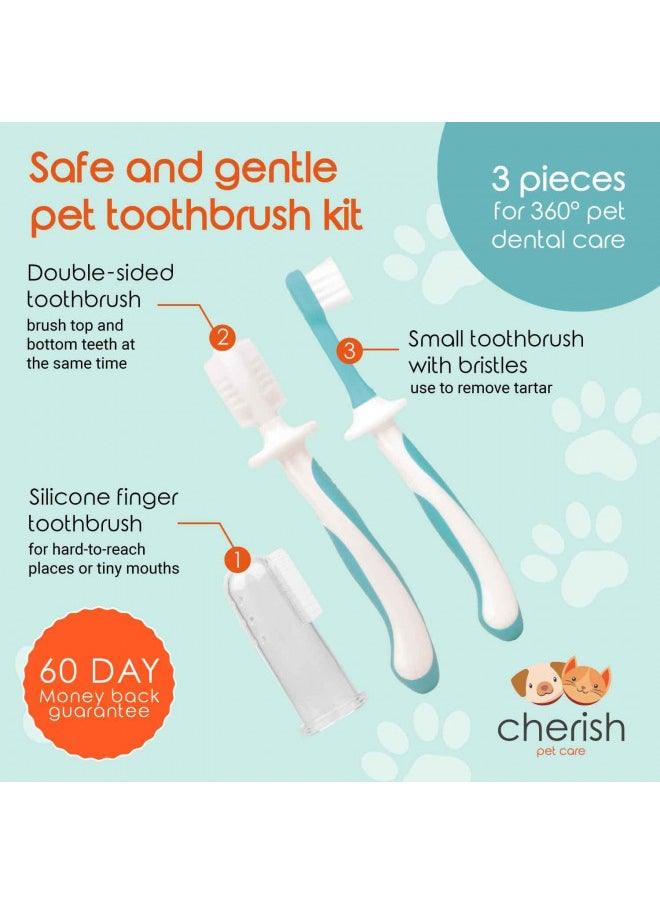 Cherish Pet Care Dog Tooth Brushing Kit (3pcs) - Dog Finger Toothbrush, Double-Sided Toothbrush, Small Dog Toothbrush, Dog Teeth Cleaning, Puppy Tooth Brushing Kit, Small Dog Tooth Brushing Kit