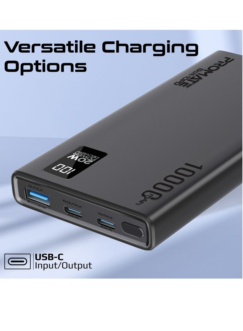 10000 mAh Promate Universal 10000mAh Ultra-Slim Power Bank,  with 20W USB-C Input/Output Port, QC 3.0 Output, USB-C Ports, LCD Screen and Over-Heating Protection for Smartphones and Tablets, Bolt-10PD Black