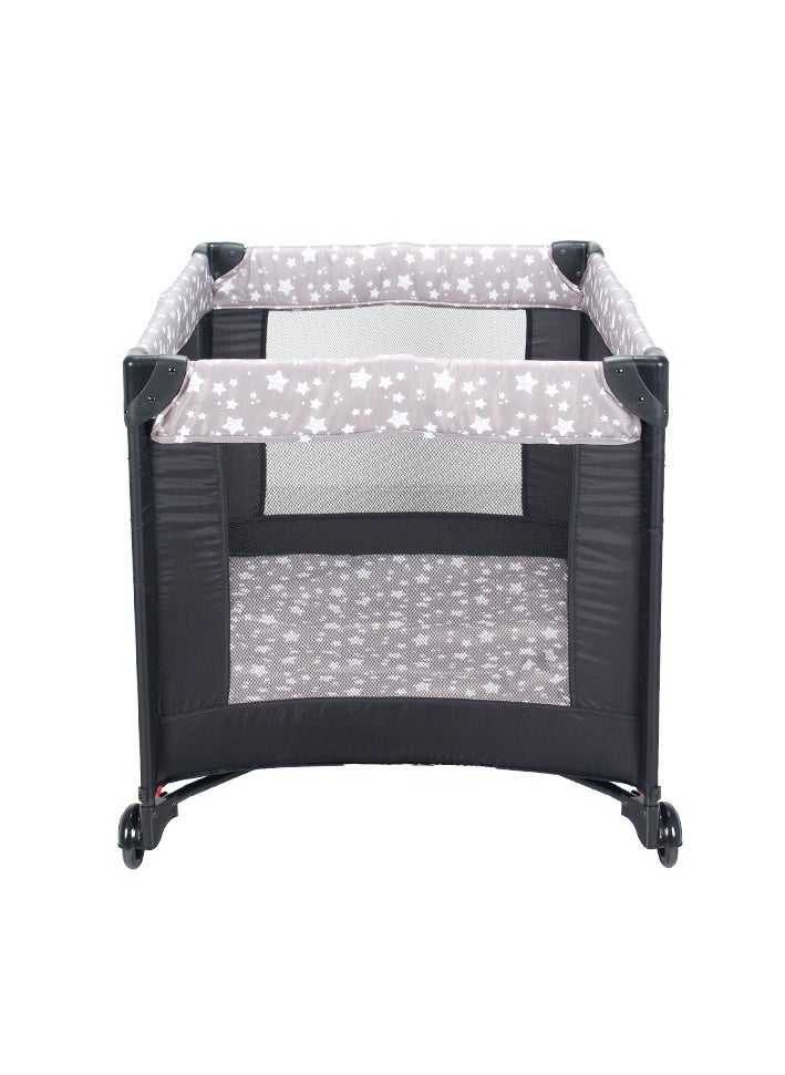 Foldable Baby Bed and Playpen with Mattress, Starry Grey Fabric, Easy One-Button Fold, Wheels with Brakes - 100x70x74.5 cm