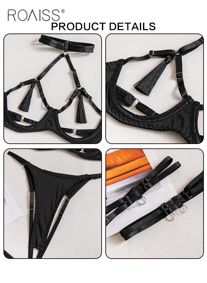 Split 3-Piece Set With Hollow Bra Adjustable Shoulder Straps Fringed Embellished Halterneck Bra And High-Waisted Briefs And Garters