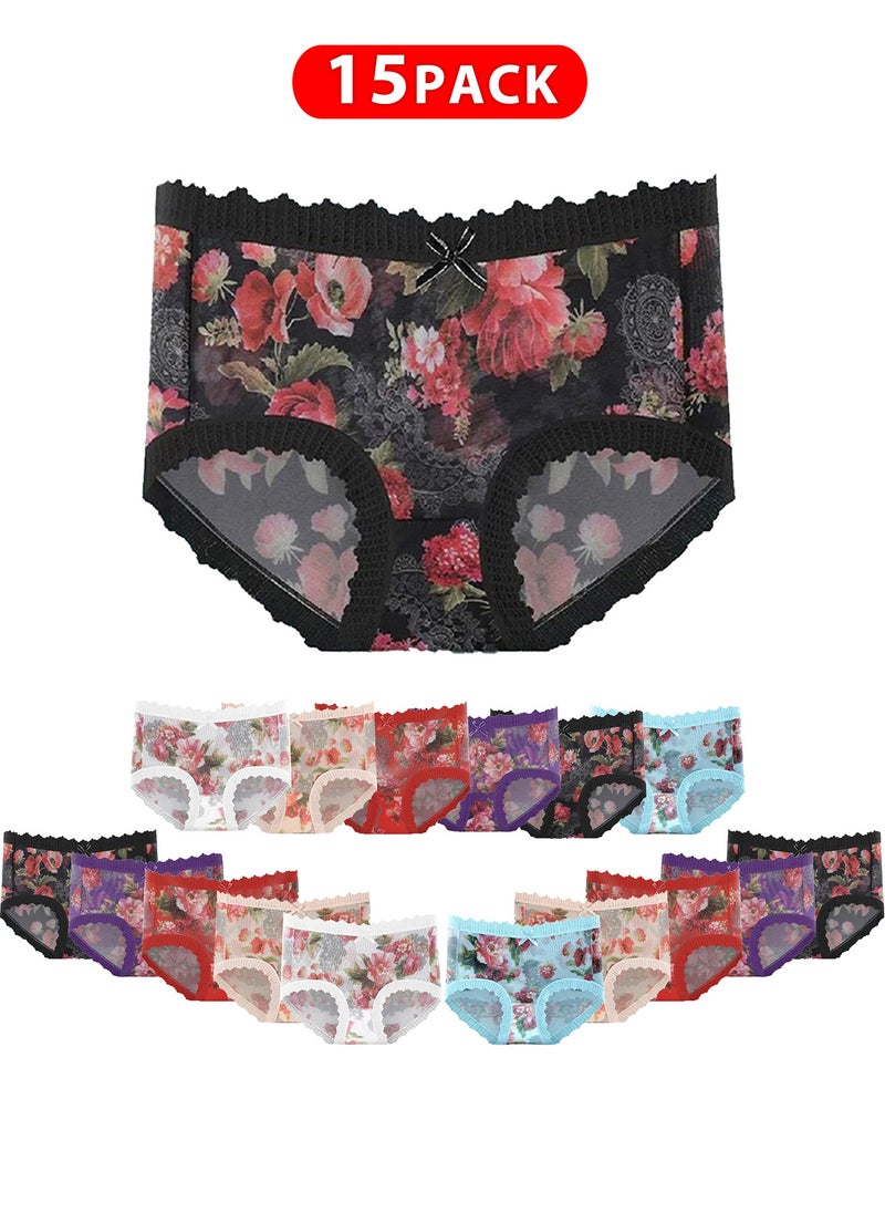 15 Packs, Women's Large Size Ultra-thin Panties Women Lace Briefs Ice Silk Mid-Waist Panties Female Lingerie Fashion Flower Print Seamless Underwear/M (Waist 22'')--L (Waist 24'')--XL (Waist 26'')