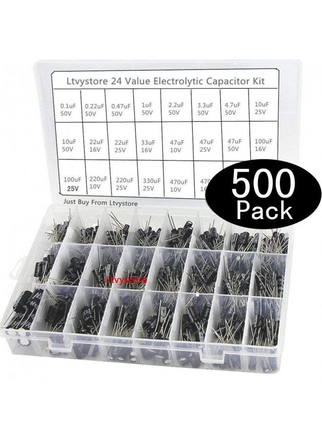 Electrolytic Capacitors Kit, Metal Capacitor Assorted Assortment Box Kit Set of 500-16V 25V 50V Capacitor, Range 0.1uF-1000uF Ltvystore