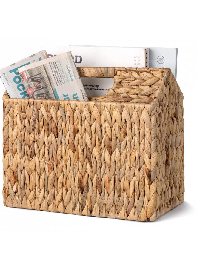 StorageWorks Hand-Woven Divided Magazine Basket, Rattan Magazine Holder, Natural Wicker Magazine Rack for Bathroom, Office, Water Hyacinth, 1 Pack