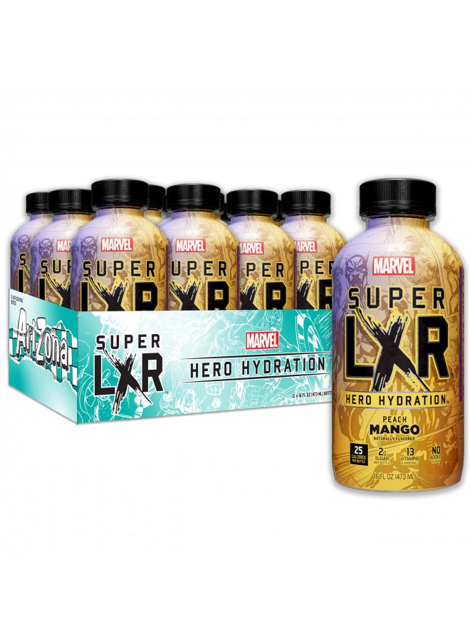 AriZona x Marvel Super LXR Hero Hydration - Peach Mango - 16oz (Pack of 12), Perfect for Athletes, Low Calorie with Electrolytes, Vitamins and Natural Flavors - Thirst Quencher