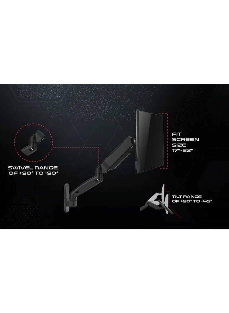 GameOn GO-5015 Economy Single Screen Spring Assisted Wall Mounted Monitor Arm