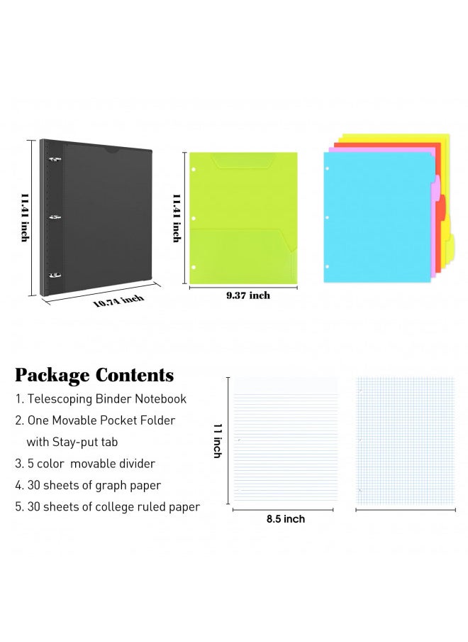 INFUN All-in-one Telescoping Binder Notebook, Refillable 3 Ring Notebook Binder with 1 Plastic Movable Pocket Folder,5 Plastic Subject dividers and Graph Paper and College Ruled Paper- Black