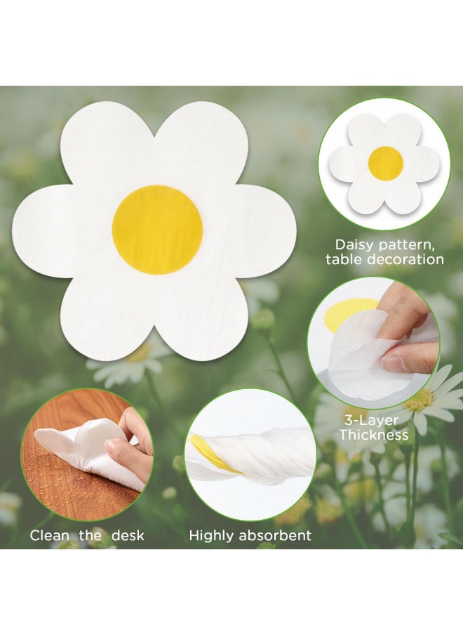 Honoson 100 Pcs Daisy Floral Paper Napkins Flower Shaped Decorative Cocktail Napkins Disposable Luncheon Dinner Guest Napkins for Birthday Wedding Baby Shower Party Supplies Table decorations