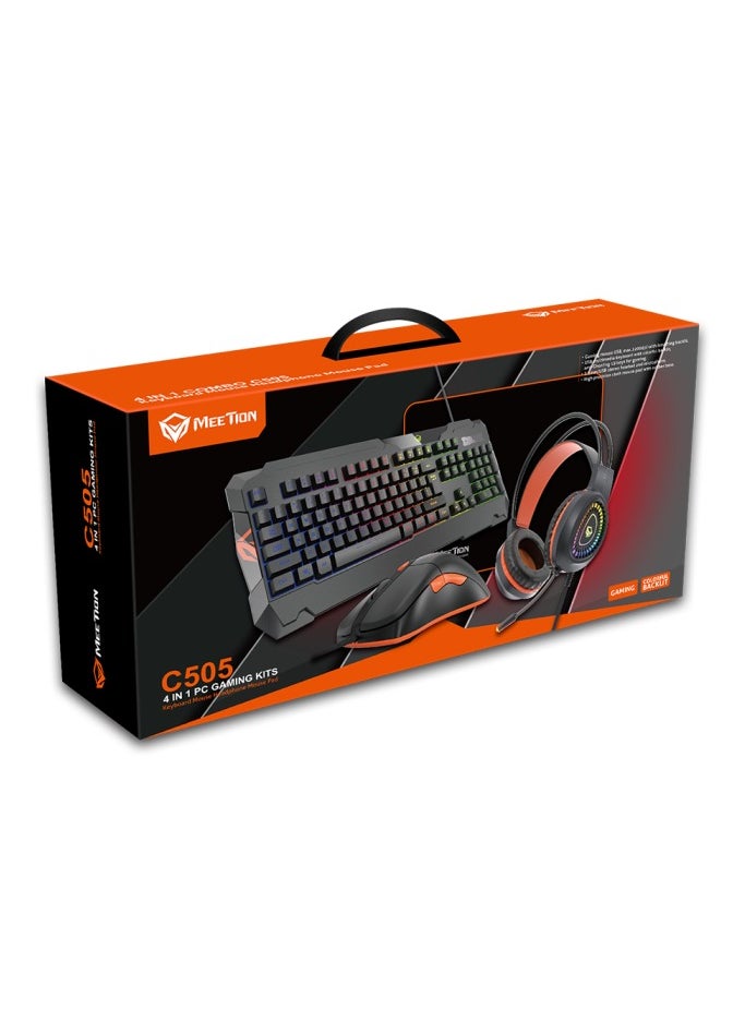 Meetion MT C505 4 in 1 Gaming Combo Kit, Anti Ghost RGB Gaming Keyboard, 5+1 Buttons 3200DPI Gaming Mouse, Backlit Gaming Headphone with Omni Directional Microphone, High Precision Gaming Mouse Pad