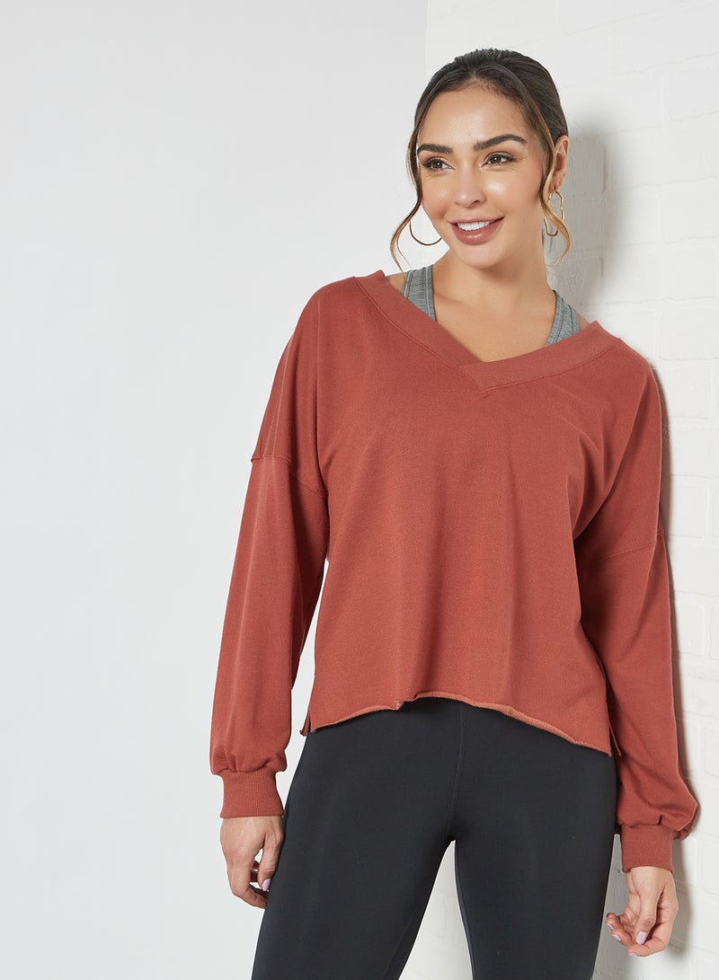 Fleece V-Neck Sweatshirt Rust