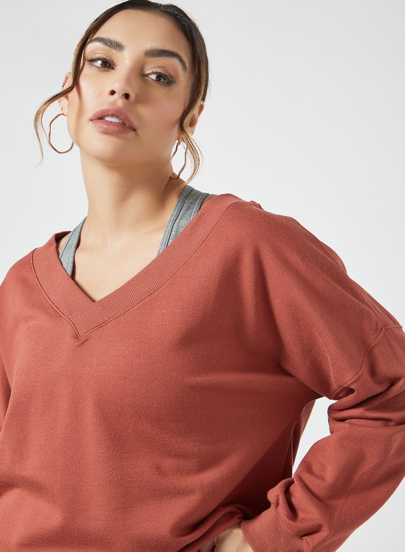 Fleece V-Neck Sweatshirt Rust