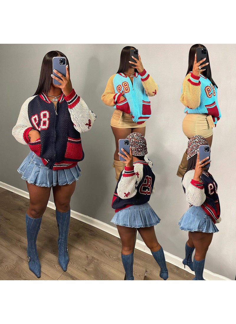 JJ6125 new cross-border European and American supply knitted baseball uniform single-layer pocket letter zipper autumn and winter loose casual Sky Blue