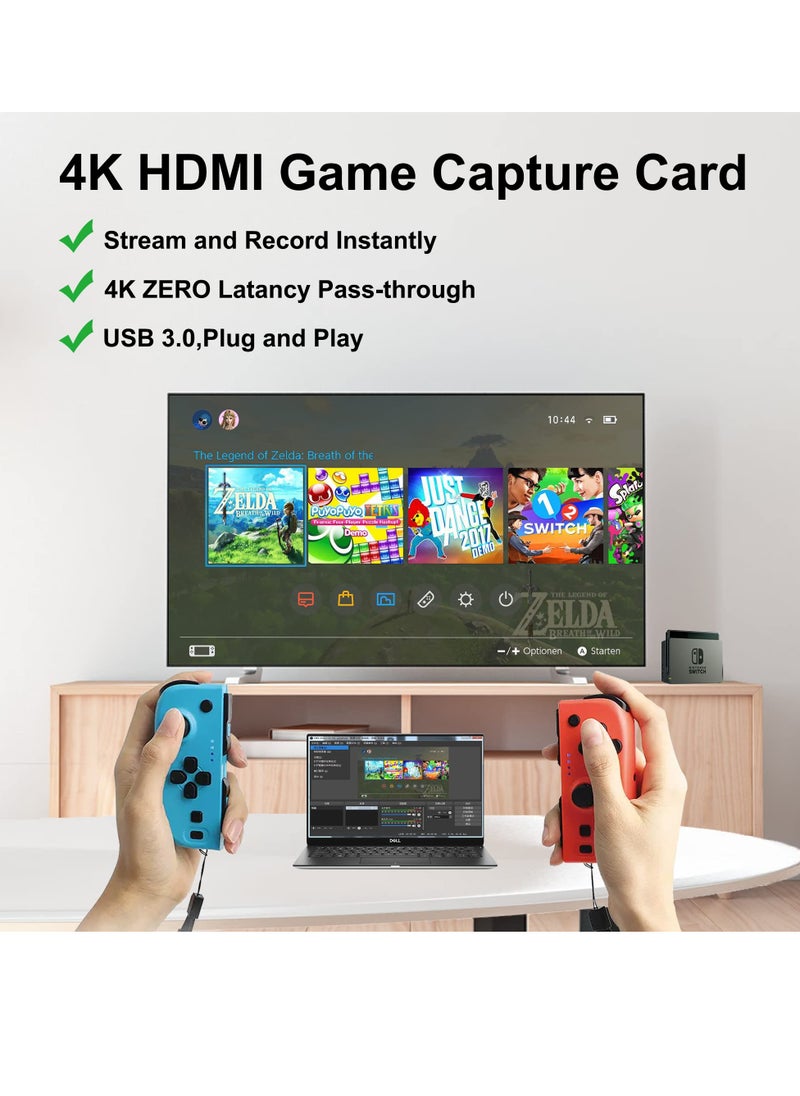 4K HDMI Capture Card for Streaming, Full HD 1080P 60FPS USB Cam Link Game Audio Video Capture Card Nintendo Switch/PS5/3ds/Xbox/PS4 (Black)