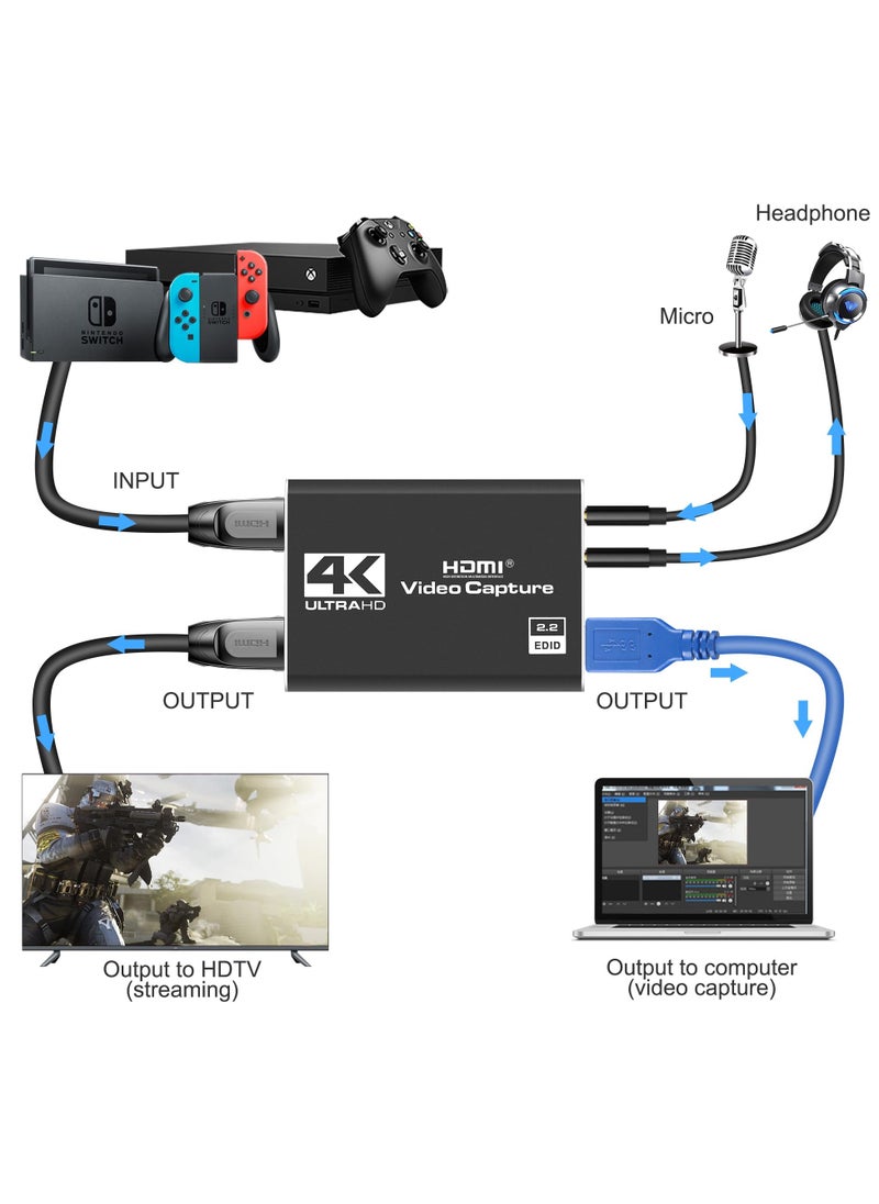 4K HDMI Capture Card for Streaming, Full HD 1080P 60FPS USB Cam Link Game Audio Video Capture Card Nintendo Switch/PS5/3ds/Xbox/PS4 (Black)