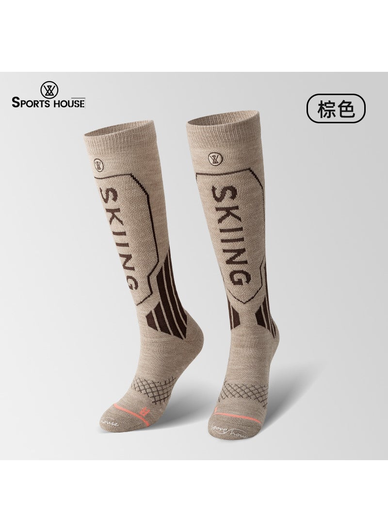 Womens High Tube Thick Warm Wool Ski Socks with Terry Bottom Brown