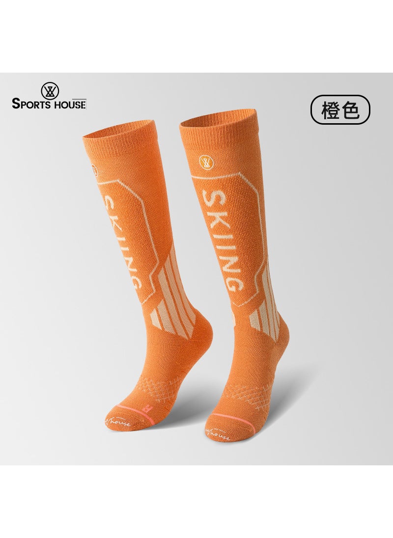 Womens High Tube Thick Warm Wool Ski Socks with Terry Bottom Orange