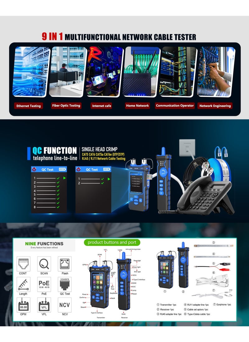 NOYAFA NF-8508 Network Cable Tester with Optical Power Meter VFL, RJ11 RJ45/PoE Tester/CAT5 CAT6/length Measurement, Telephone line Trace Meter with Headset, Network Tools