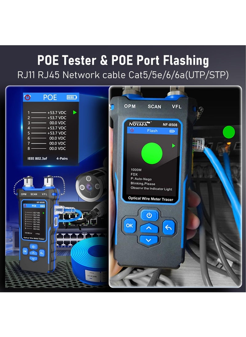 NOYAFA NF-8508 Network Cable Tester with Optical Power Meter VFL, RJ11 RJ45/PoE Tester/CAT5 CAT6/length Measurement, Telephone line Trace Meter with Headset, Network Tools