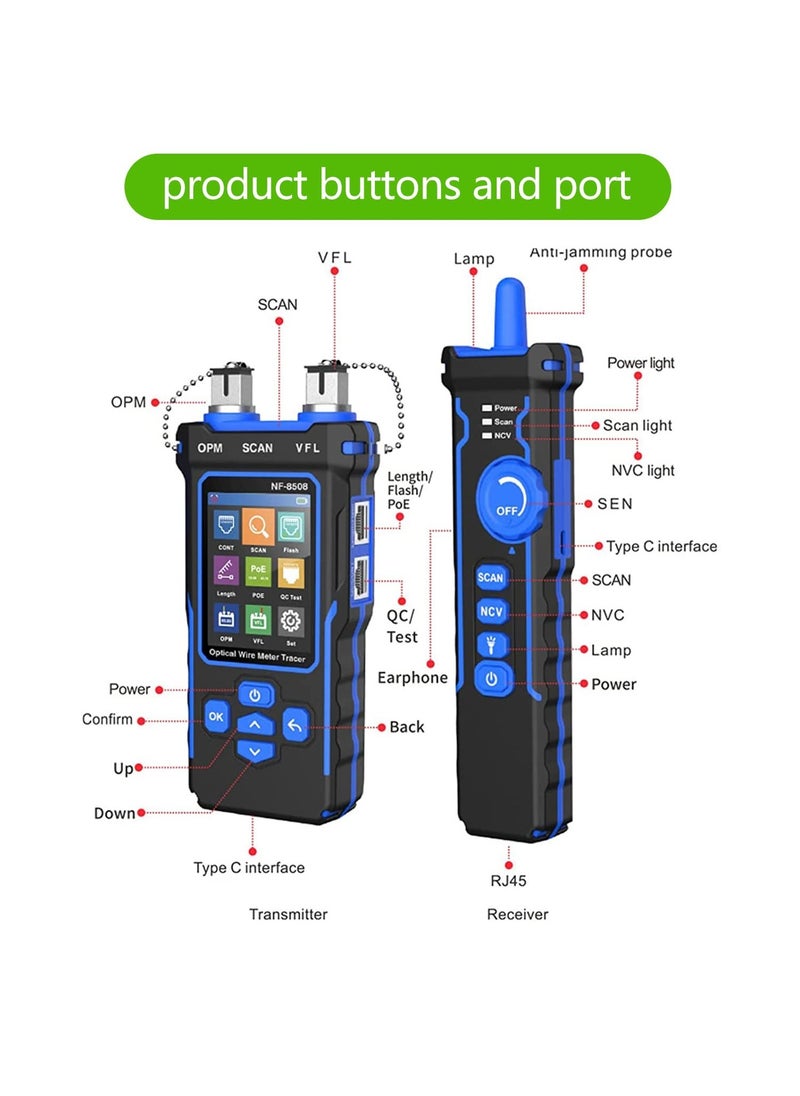 NOYAFA NF-8508 Network Cable Tester with Optical Power Meter VFL, RJ11 RJ45/PoE Tester/CAT5 CAT6/length Measurement, Telephone line Trace Meter with Headset, Network Tools