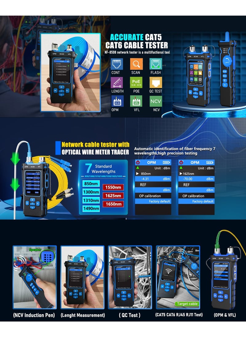 NOYAFA NF-8508 Network Cable Tester with Optical Power Meter VFL, RJ11 RJ45/PoE Tester/CAT5 CAT6/length Measurement, Telephone line Trace Meter with Headset, Network Tools