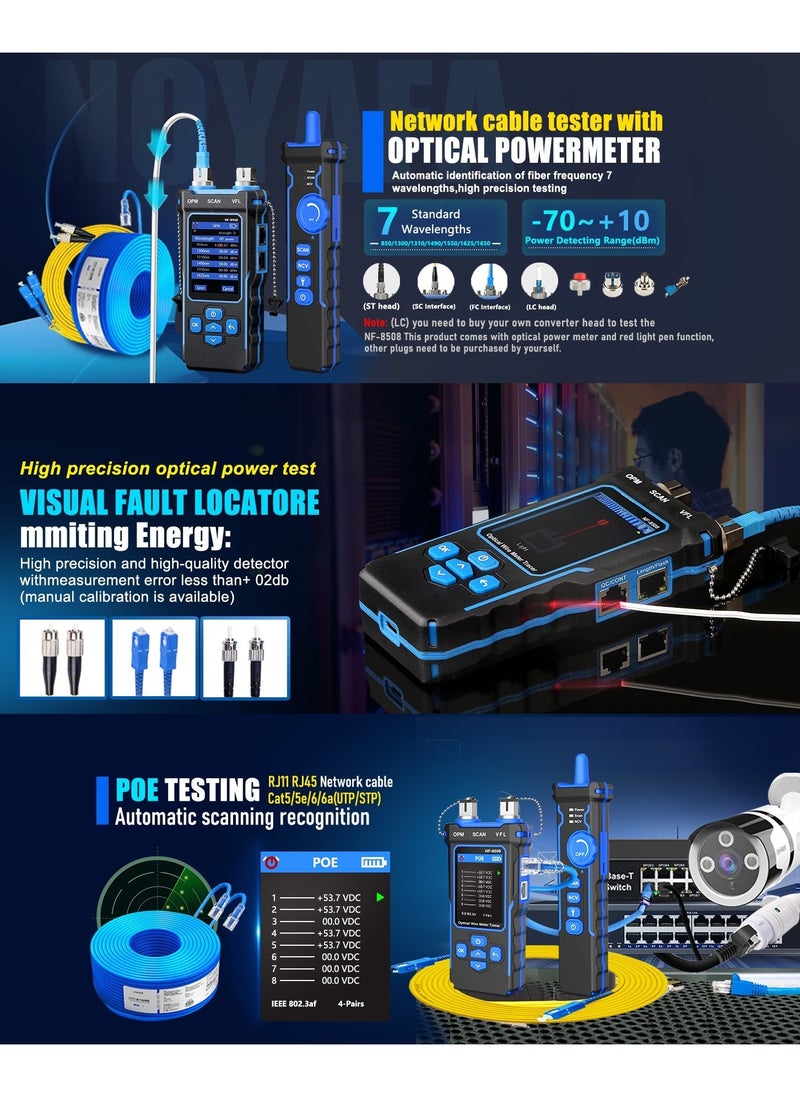 NOYAFA NF-8508 Network Cable Tester with Optical Power Meter VFL, RJ11 RJ45/PoE Tester/CAT5 CAT6/length Measurement, Telephone line Trace Meter with Headset, Network Tools