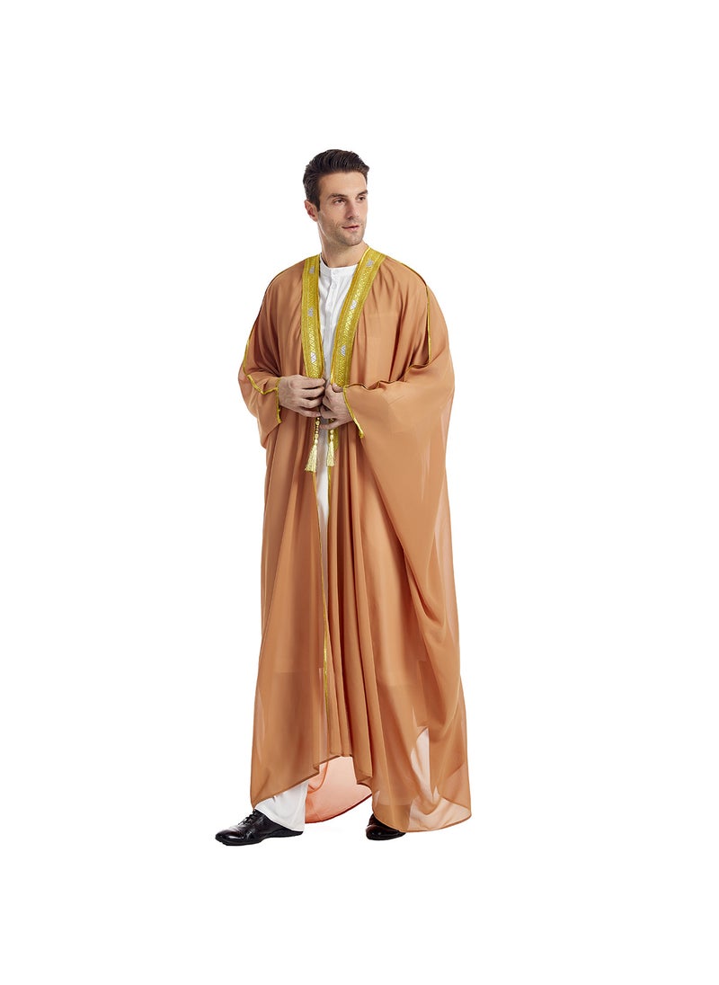 Factory in stock mens robe, TH834, Arabic mens embroidered long sleeve hanging beard gold bead chiffon outerwear Camel