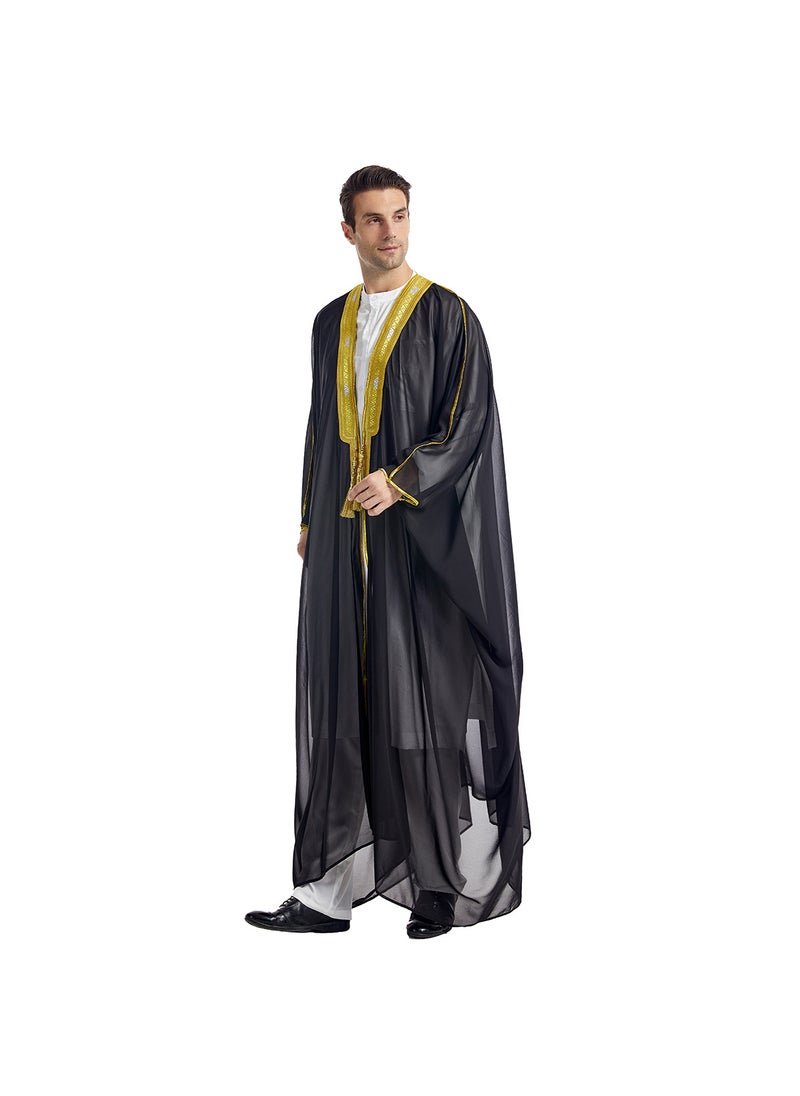 Factory in stock mens robe, TH834, Arabic mens embroidered long sleeve hanging beard gold bead chiffon outerwear Black