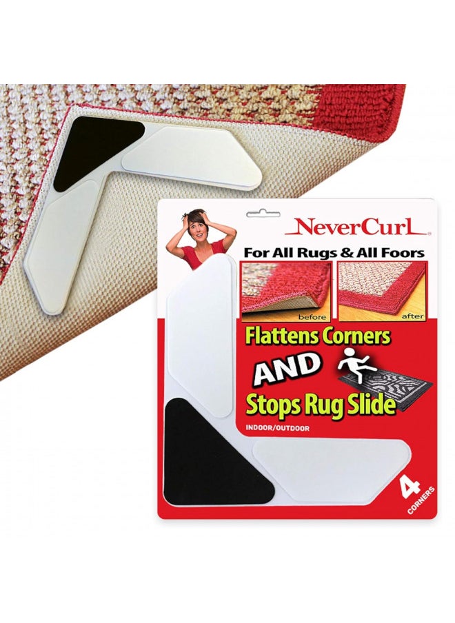 NeverCurl 4pk Rug Corner Grippers - Instantly Flattens Rug Corners Stops Slipping, Stiff Layer Prevent Curling, Renewable Carpet Gripper Sticky Gel, Easy Lift Design to Clean Under Rugs, Carpet Tape