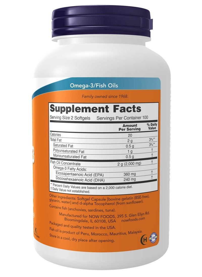 NOW Supplements, Omega-3 180 EPA / 120 DHA, Molecularly Distilled, Cardiovascular Support*, 200 Softgels