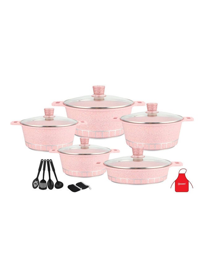 17-Piece Granite Cookware Set Includes 1xCasserole With Lid 20cm, 1xCsserole With Lid 24cm, 1xCasserole With Lid  28cm, 1xCasserole With Lid 32cm, 1xShallow Casserole With Lid 28cm, 7xCooking Tools Pink