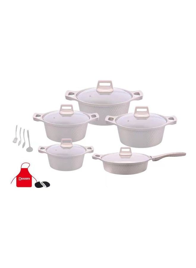 17-Piece Non-Stick Dots Cookware Set Includes 1xCasserole With Lid 20 cm, 1xCasserole With Lid 24 cm ,1xCasserole With Lid 28 cm, 1xCasserole With Lid 32 cm, 1xShallow Casserole With Lid 28 cm, 7-Piece Cooking Tools White/Granite 20cm