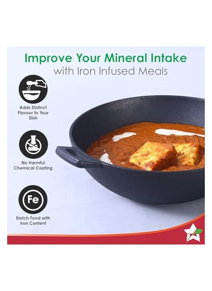 24 cm Cast-Iron Kadhai, Pre-Seasoned Cookware, Induction Friendly, 1.9L, 3.8mm