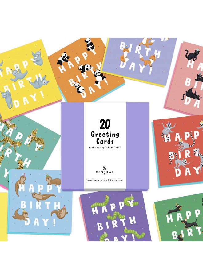 CENTRAL 23 20 Kids Happy Birthday Cards - Bulk Assortment - Assorted Animals Greeting Cards with Envelopes - Blank Greeting Cards for Boys and Girls - Box of Birthday Cards with Fun Stickers