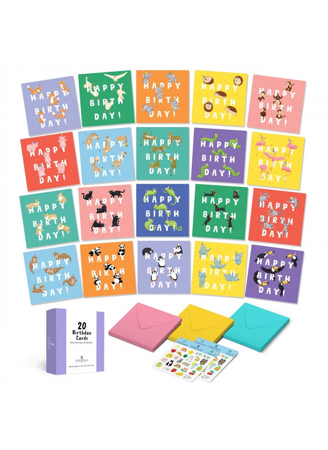 CENTRAL 23 20 Kids Happy Birthday Cards - Bulk Assortment - Assorted Animals Greeting Cards with Envelopes - Blank Greeting Cards for Boys and Girls - Box of Birthday Cards with Fun Stickers