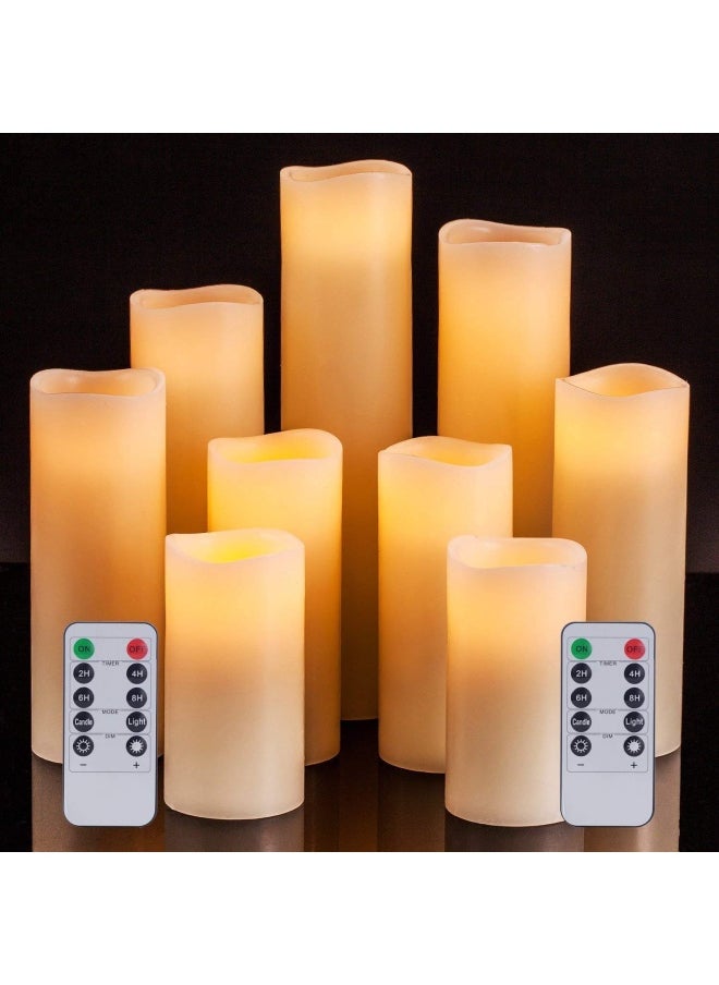 Flameless Candles Battery Operated Candles 4 5 6 7 8 9 Set of 9 Ivory Real Wax Pillar LED Candles with 10-Key Remote and Cycling 24 Hours Timer