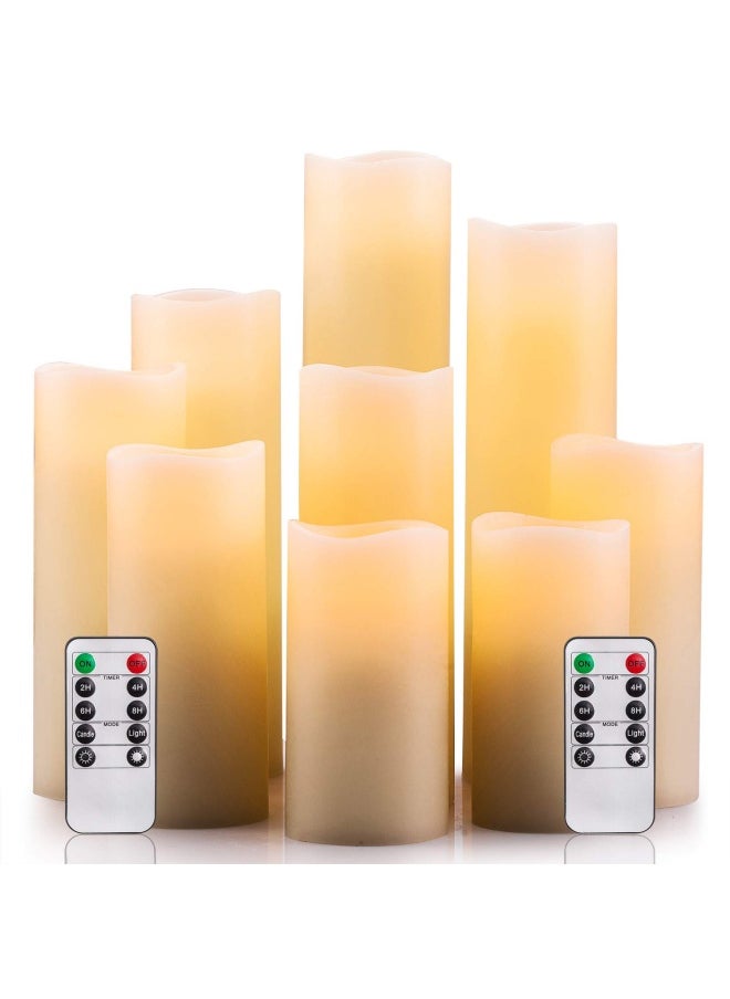 Flameless Candles Battery Operated Candles 4 5 6 7 8 9 Set of 9 Ivory Real Wax Pillar LED Candles with 10-Key Remote and Cycling 24 Hours Timer