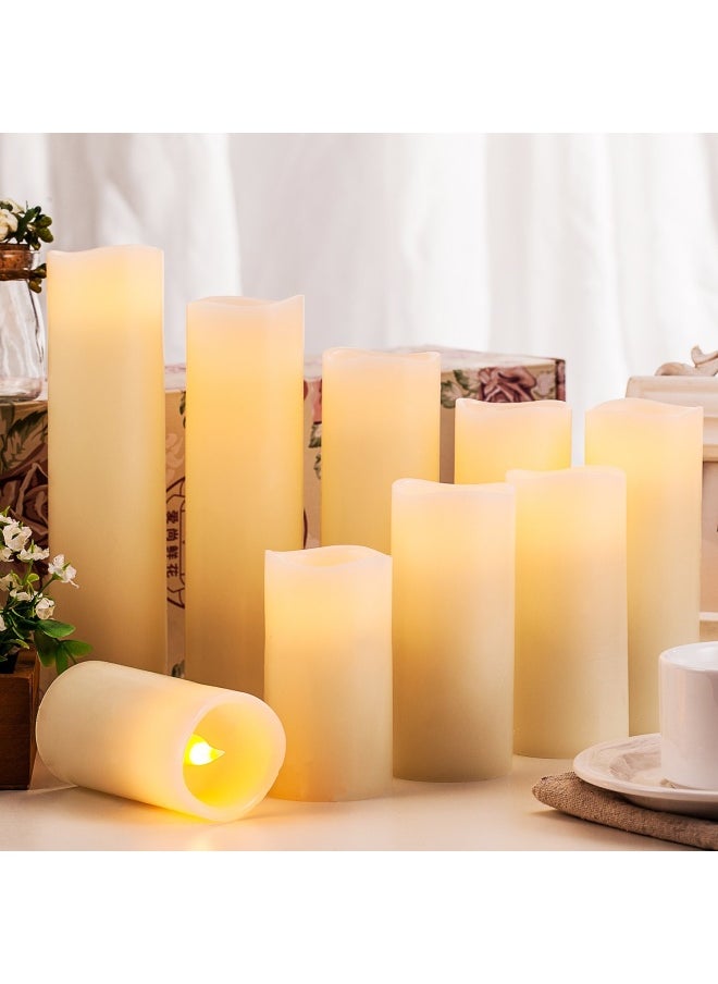 Flameless Candles Battery Operated Candles 4 5 6 7 8 9 Set of 9 Ivory Real Wax Pillar LED Candles with 10-Key Remote and Cycling 24 Hours Timer